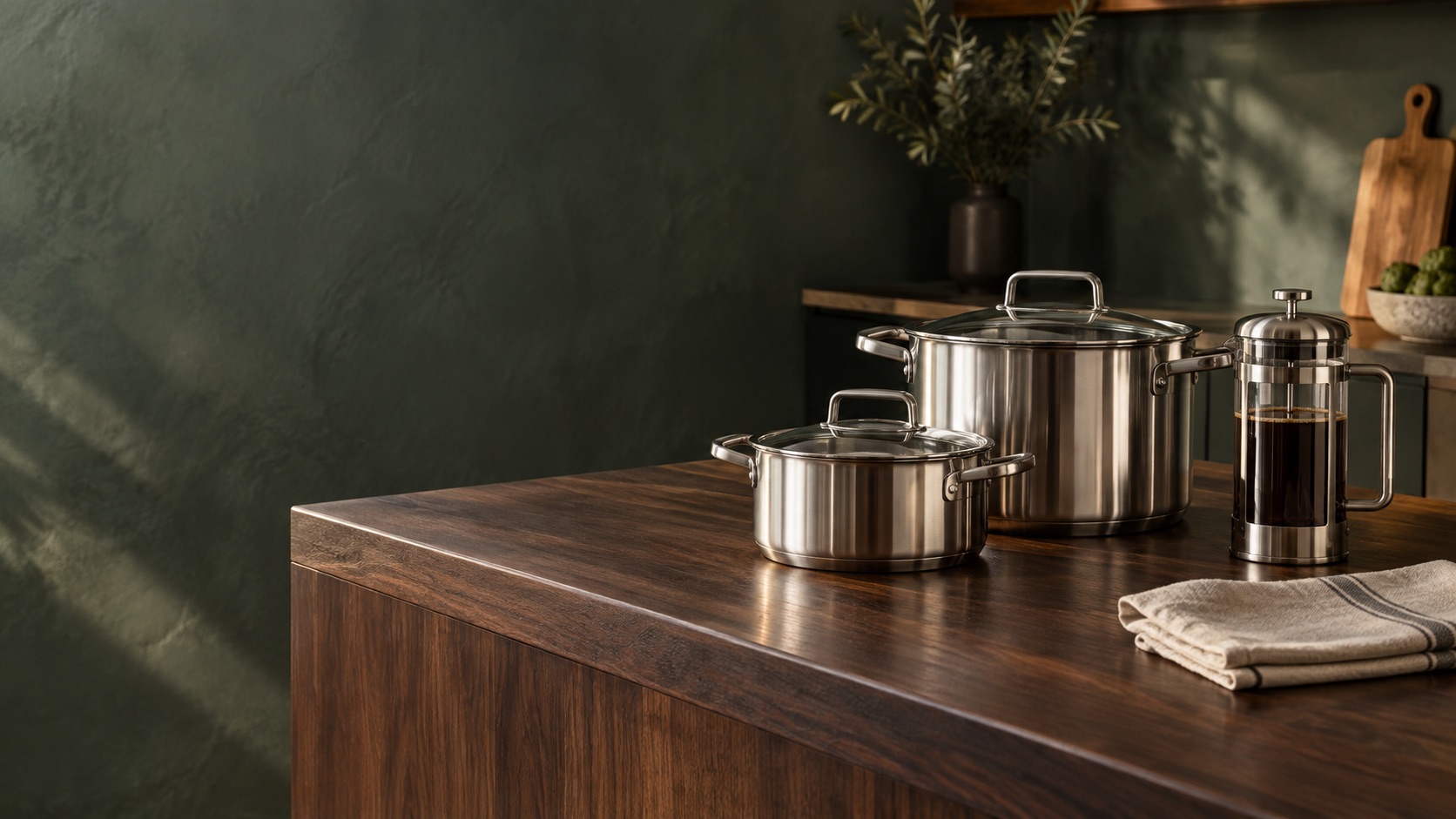 Stainless steel cookware and French press in a contemporary kitchen