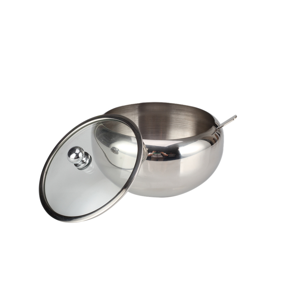 Stainless Steel Sugar Bowl, Sugar Container With Transparent Glass Lid And Spoon — 3