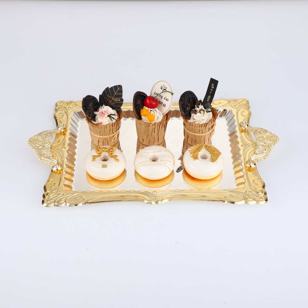 Rectangular Plated Serving Tray, Iron Gold Floral Engraved Decorative Birthday — product information