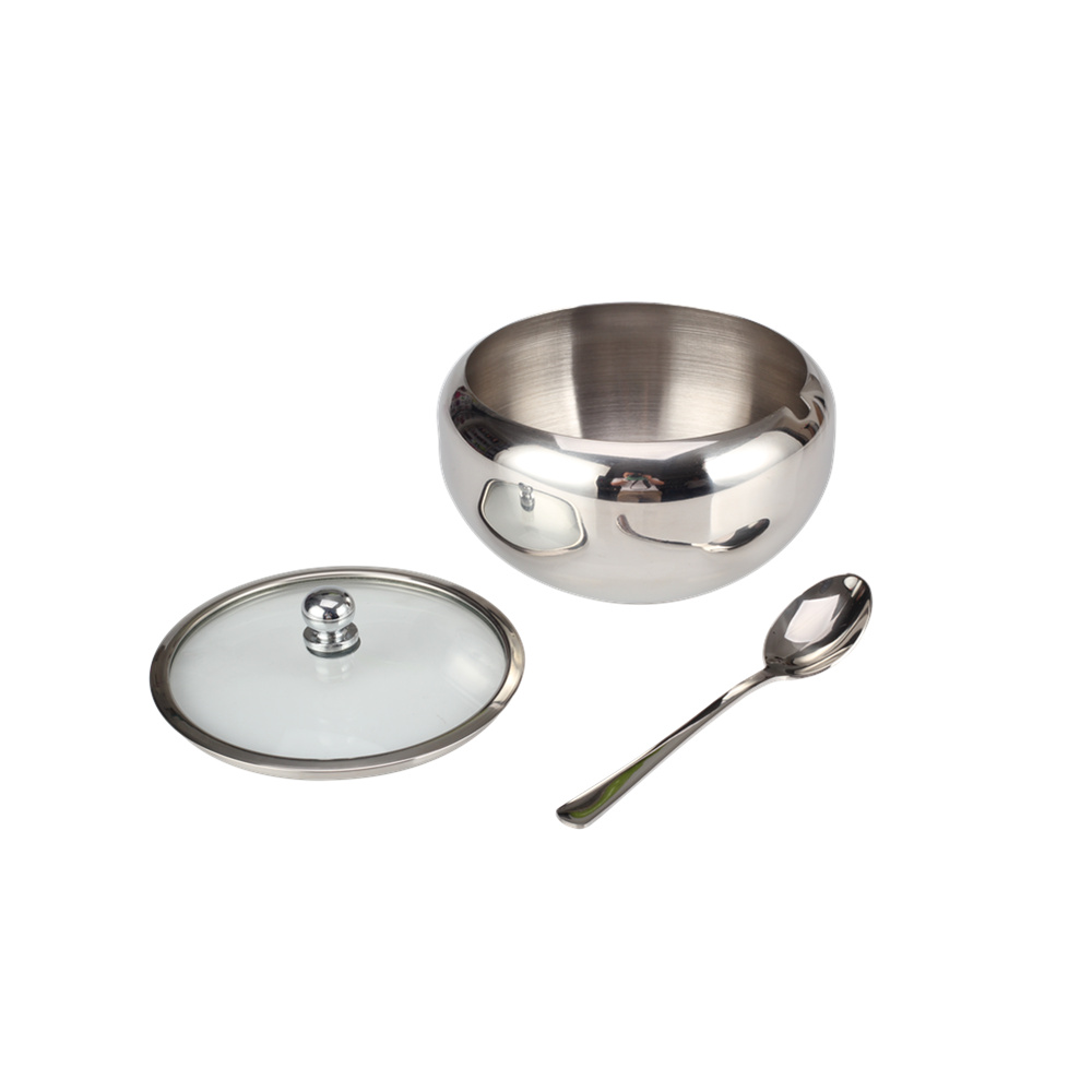 Stainless Steel Sugar Bowl, Sugar Container With Transparent Glass Lid And Spoon — 4