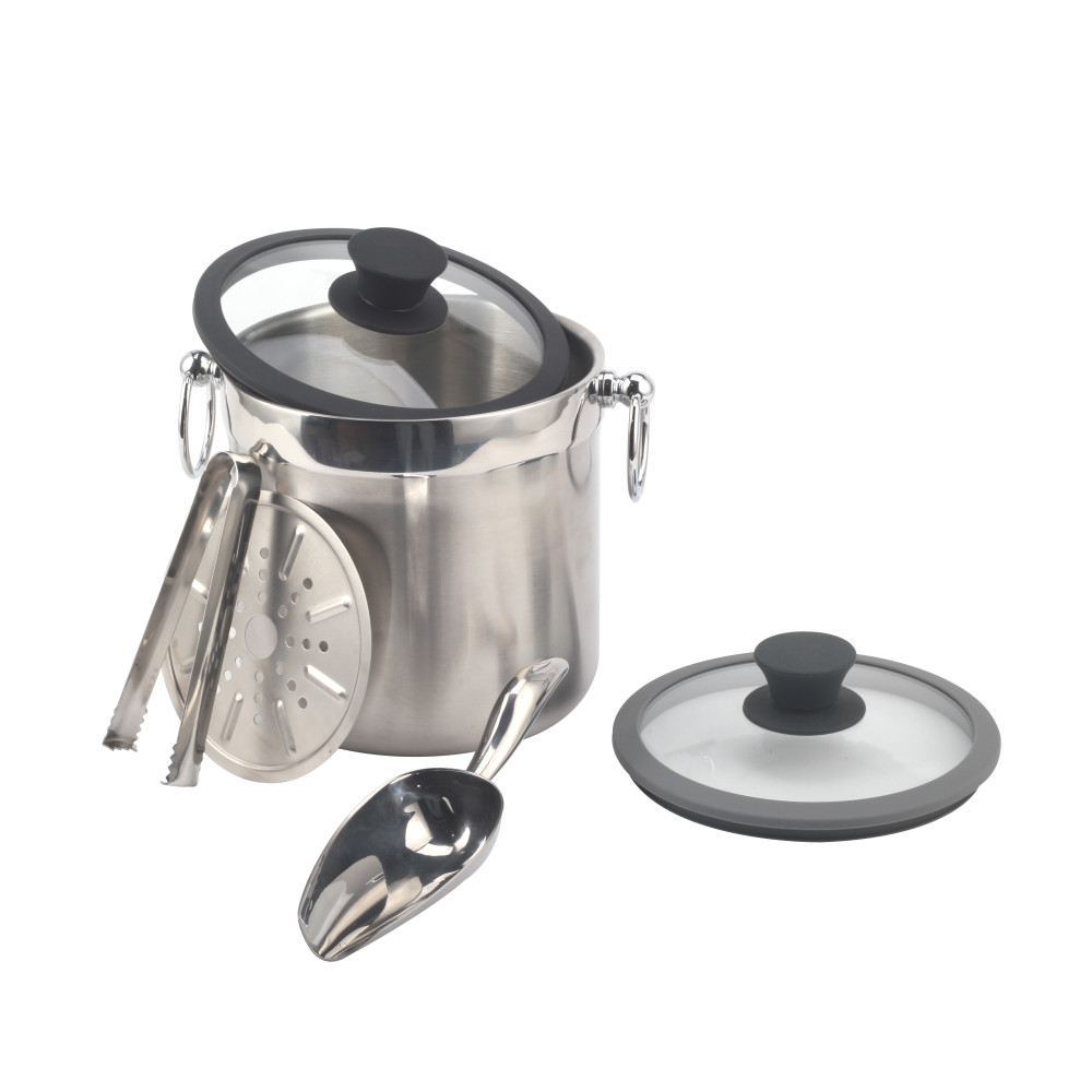 Ice Bucket 3.0l Stainless Steel Double Wall Insulating, Ice Bucket With Tempered Glass Lid — product information