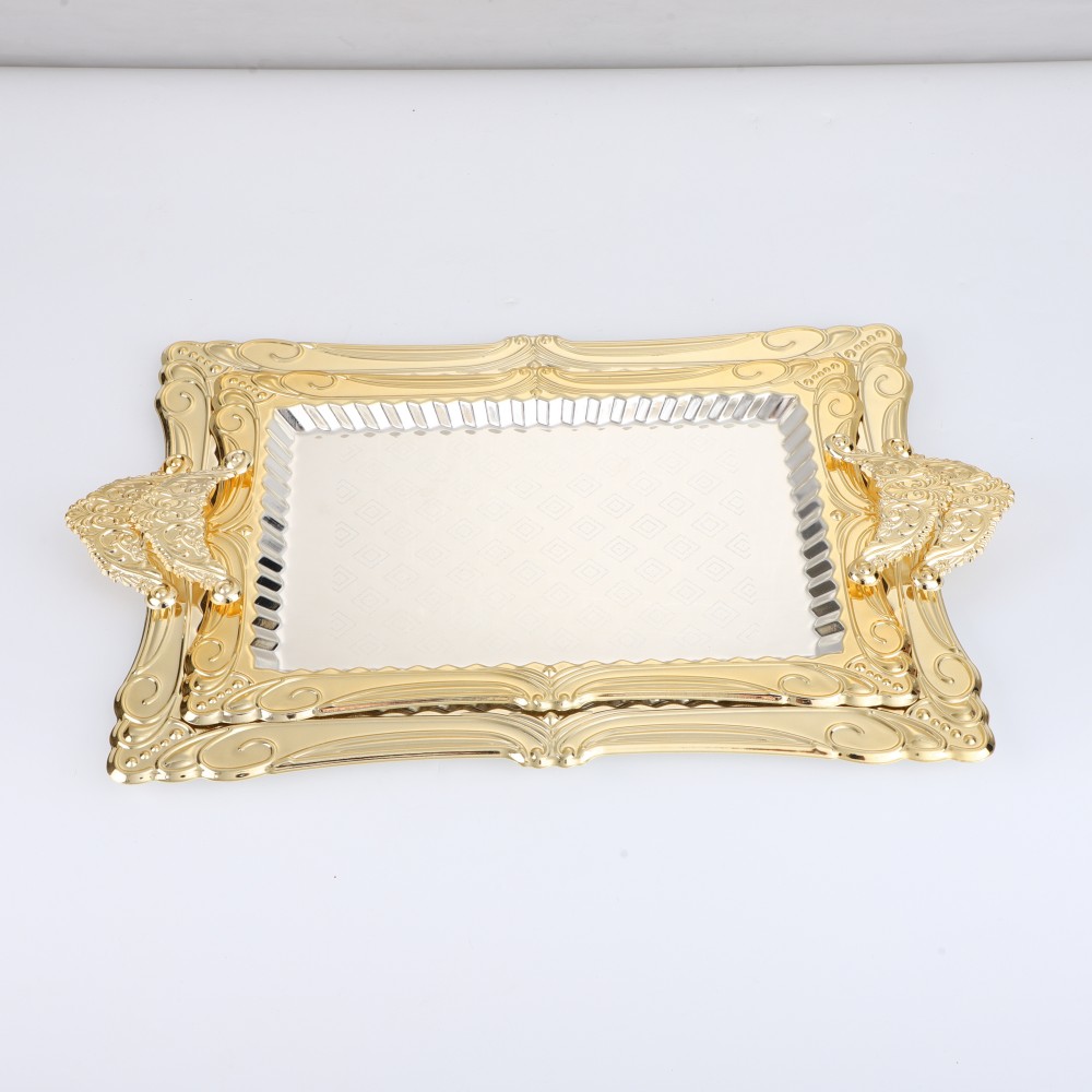 Rectangular Plated Serving Tray, Iron Gold Floral Engraved Decorative Birthday — product information