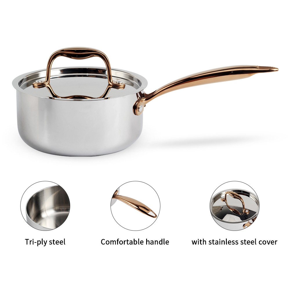 Whole-Clad Tri-Ply Stainless Steel Sauce Pan With Gold Handle — 3