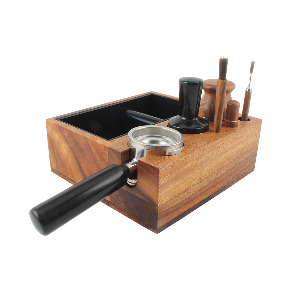 Large Espresso Knock Box And Tamping Station, Solid Wood Espresso Accessories Organizer Box — product information