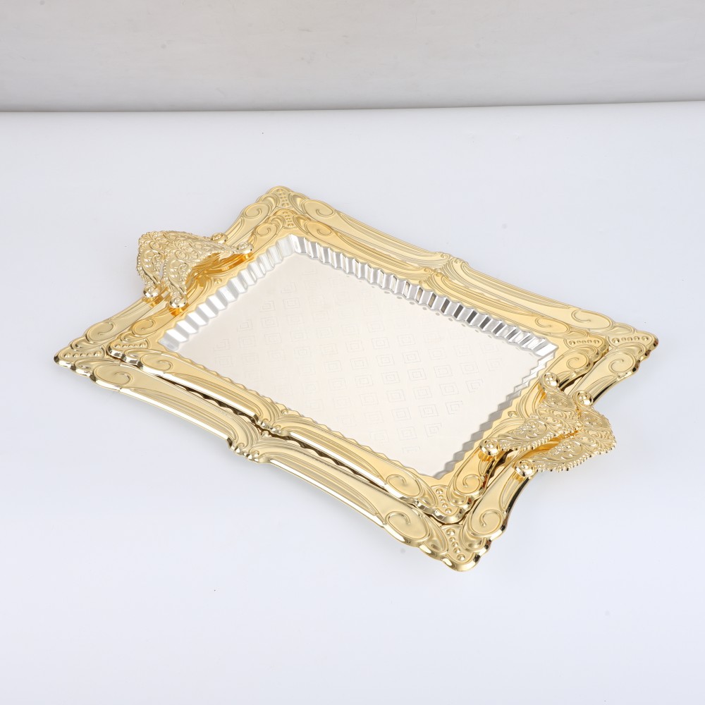 Rectangular Plated Serving Tray, Iron Gold Floral Engraved Decorative Birthday — 2