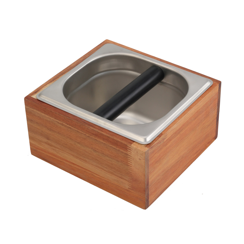 Stainless Steel And Wood Bin for Espresso Machine Coffee Grounds — product information