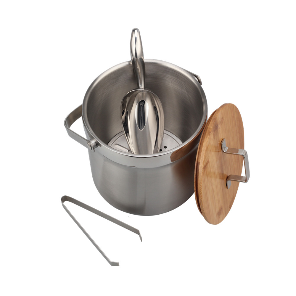 Bamboo Lid, Ice Bucket, Stainless Steel Ice Bucket, Double Walled — 5