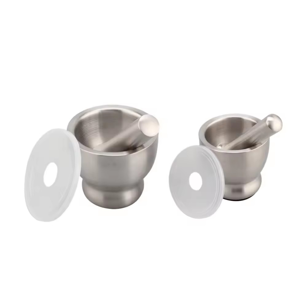 Stainless Steel Mortar and Pestle Set, Spices Grinder Pill Crusher with Silicone Protective Lid — product information