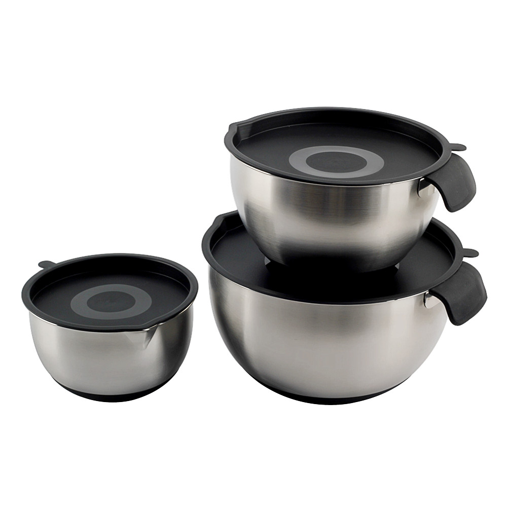 Stainless Steel Mixing Bowls With PE Lids, Non Slip Silicone Base Bowls With Handle — 3