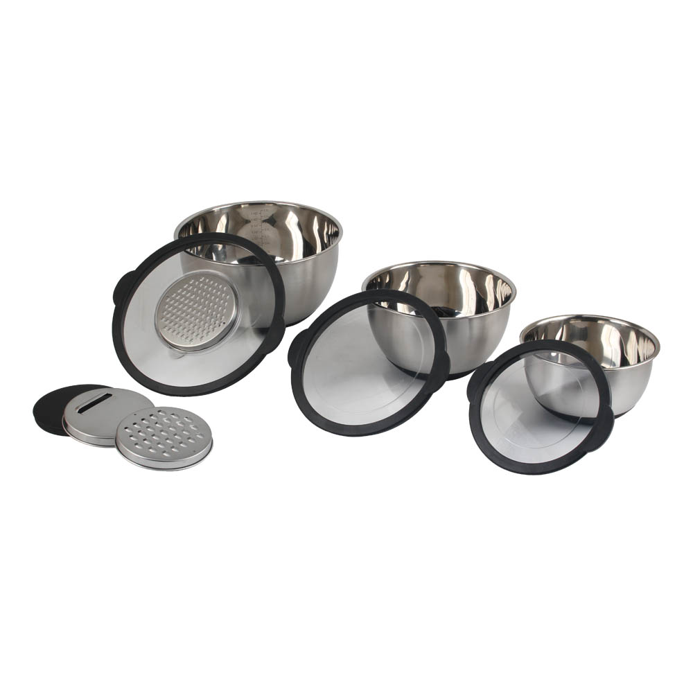 3 Size Stainless Steel Mixing Bowls With Clear Lids & 3pcs Grater Set — 4
