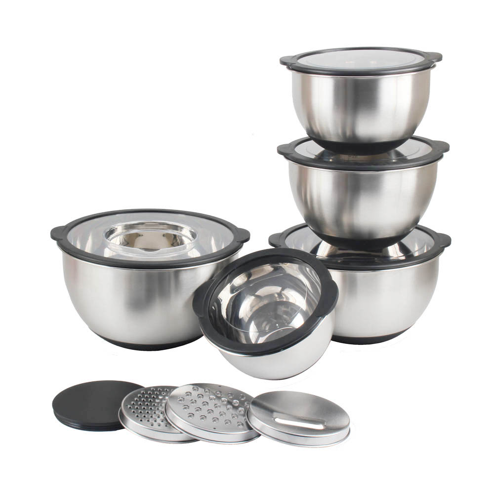5size S/S Mixing Bowls With Transparent Lids Set & Grater — 5