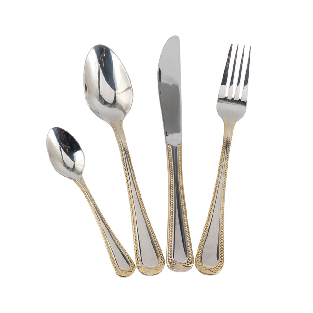 Stainless Steel Flatware Set, silver plated with gold accents — product information