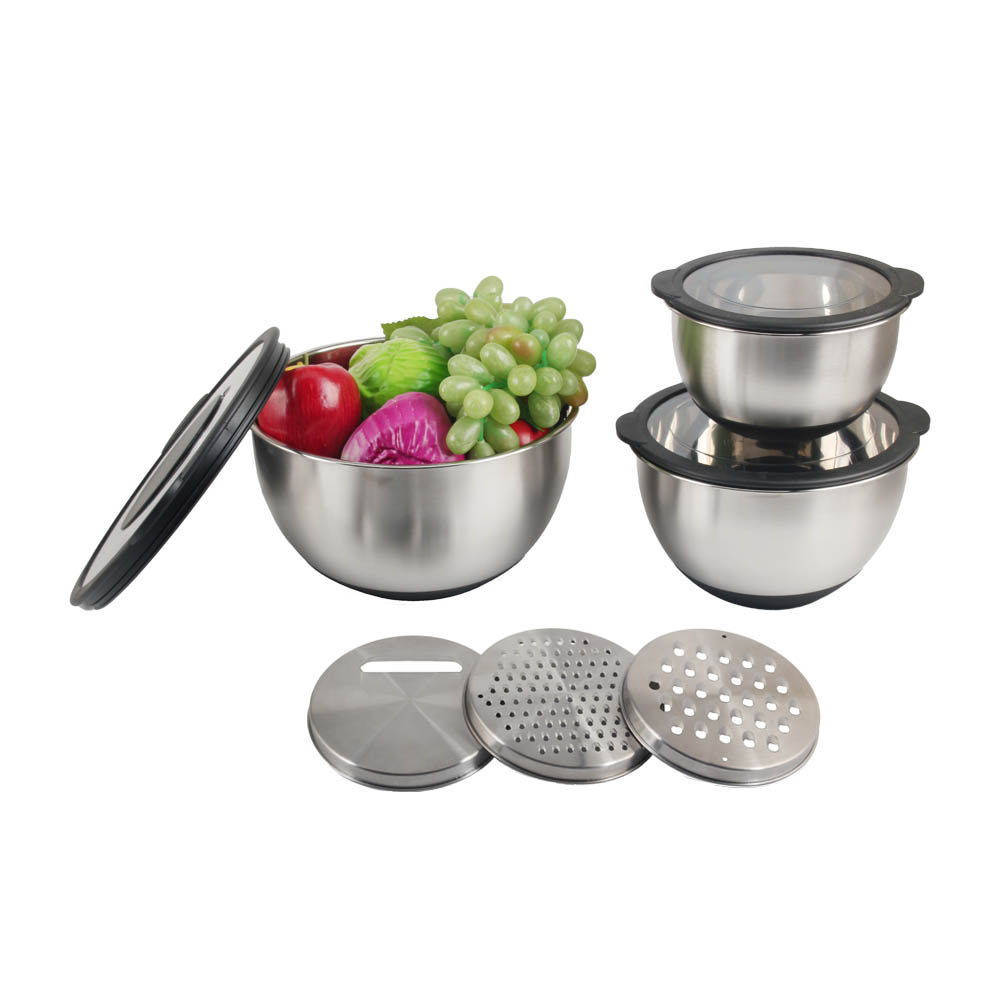 3 Size Stainless Steel Mixing Bowls With Clear Lids & 3pcs Grater Set — product information