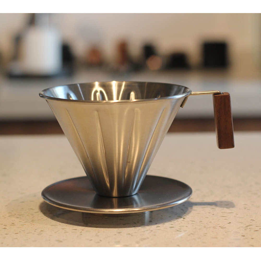 Walnut Wood Handle, Metal Reusable Drip Coffee Filter — product information