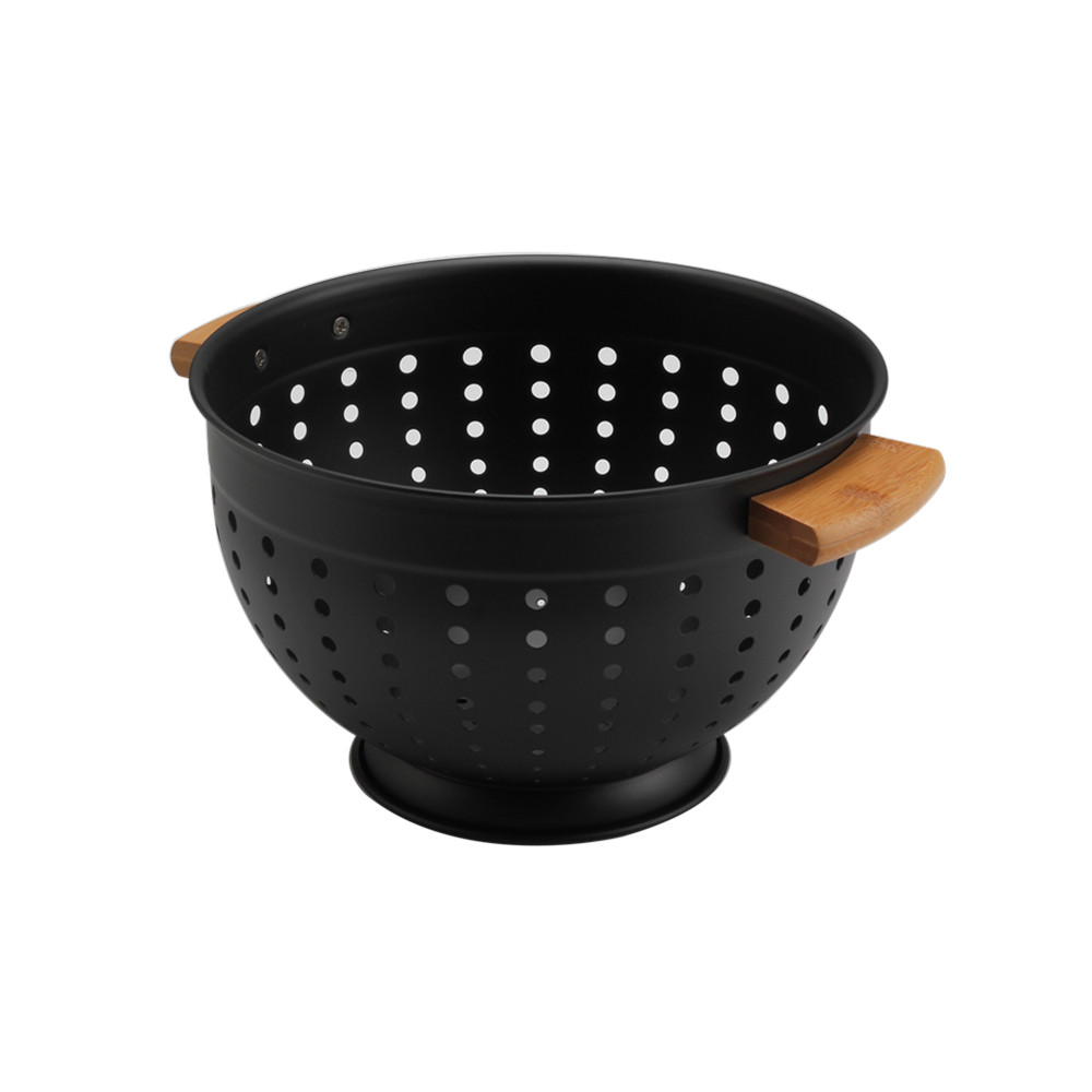 Metal Colander With Wood Handle, Black Deep Metal Strainers Colander — product information