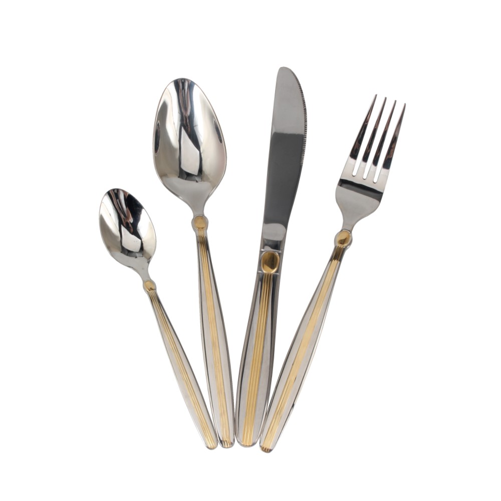 4-pcs Set Stainless Steel Mirror Polished Flatware set Dishwasher Safe (65, Gold Accent)