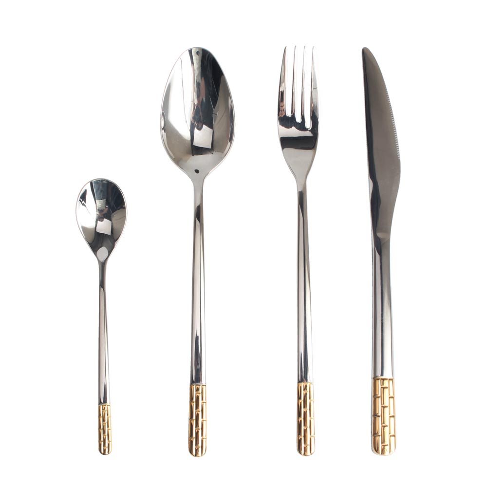 Mirror Polished,Dishwasher Safe Gold Accent 4-pcs Set Stainless Steel Flatware set — product information