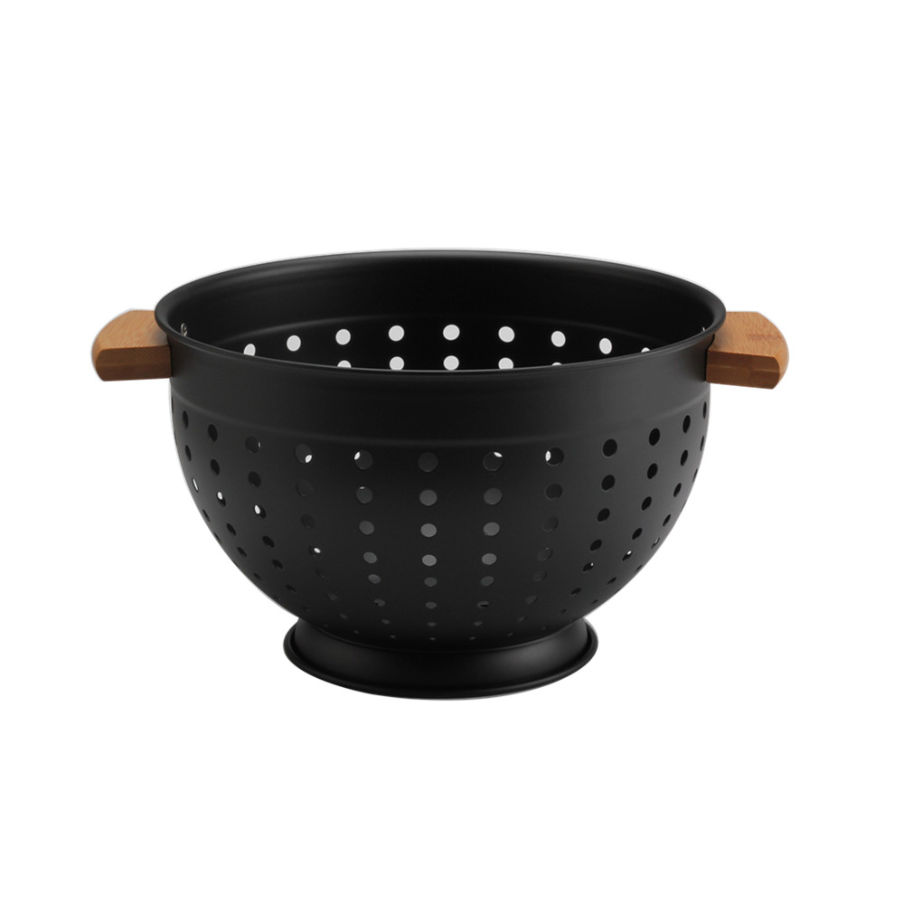 Metal Colander With Wood Handle, Black Deep Metal Strainers Colander — 6