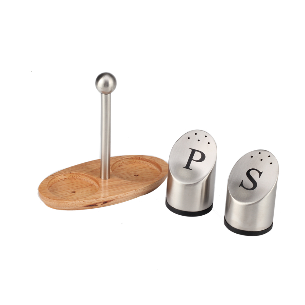 Stainless Steel Salt and Pepper Shakers Set of 2 with Wooden Stand for Home Kitchen Restaurant Table — 4