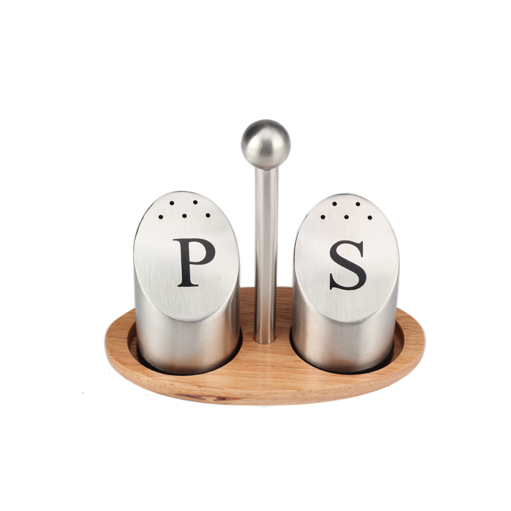 Stainless Steel Salt and Pepper Shakers Set of 2 with Wooden Stand for Home Kitchen Restaurant Table