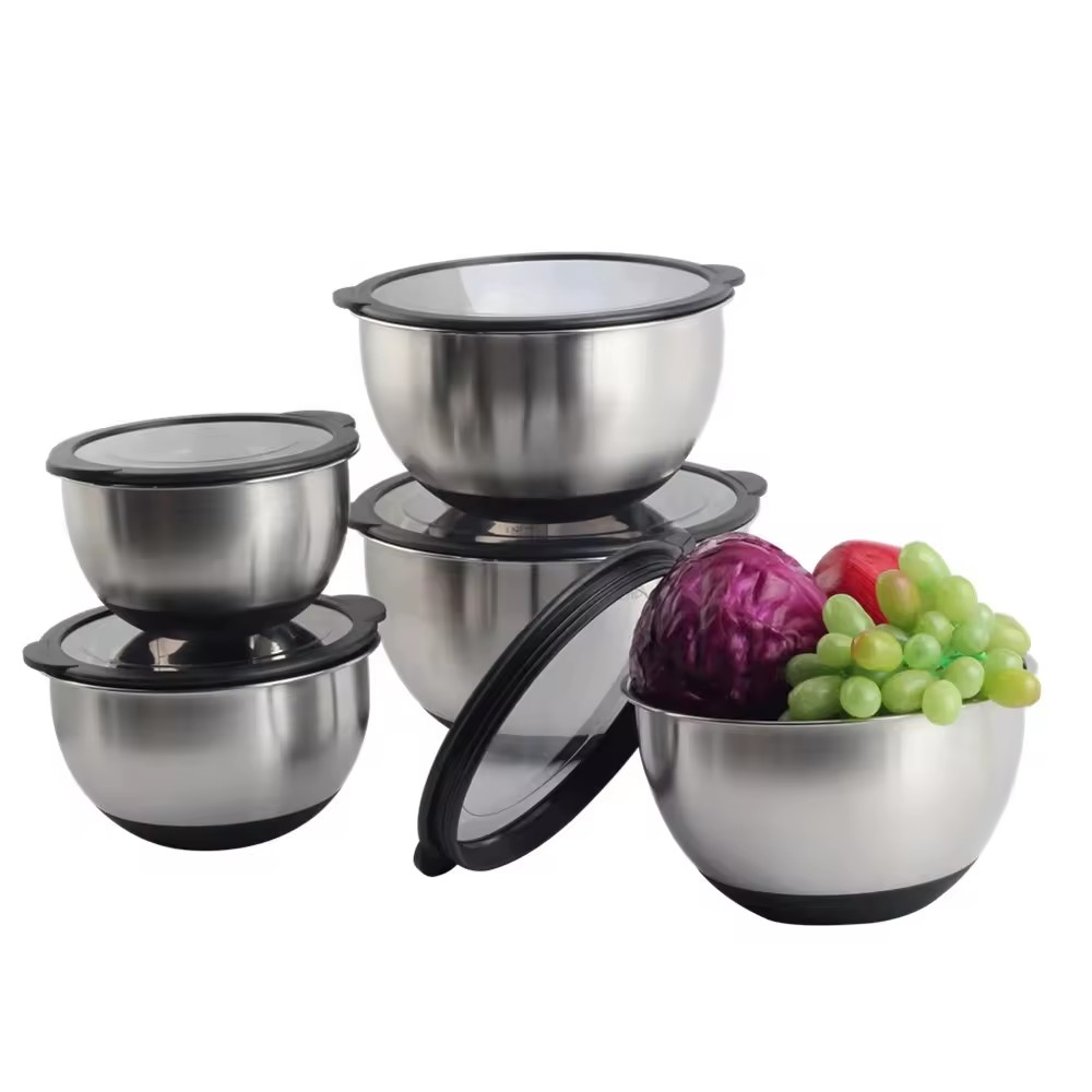 5size S/S Mixing Bowls With Transparent Lids Set & Grater — product information