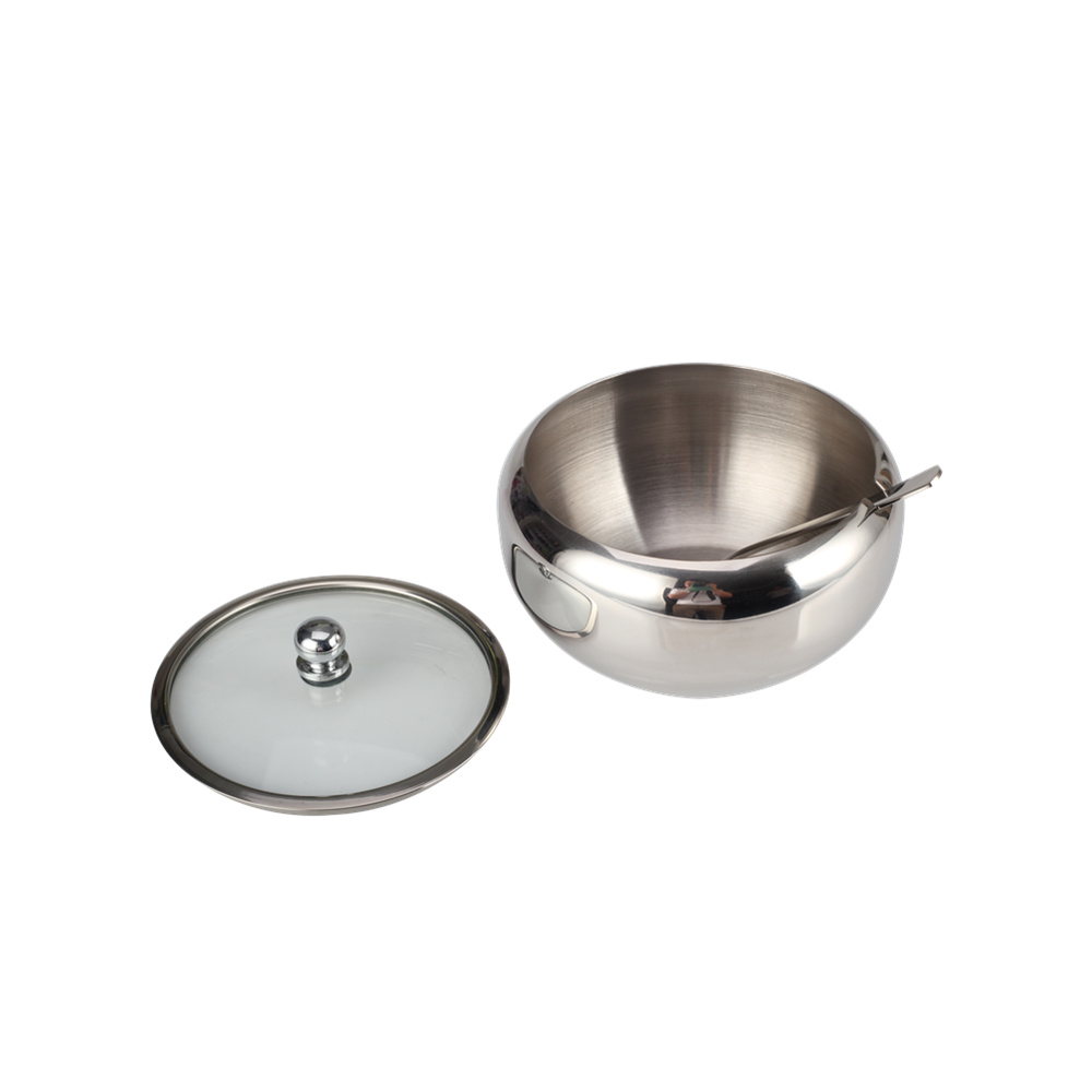 Stainless Steel Sugar Bowl, Sugar Container With Transparent Glass Lid And Spoon — 2