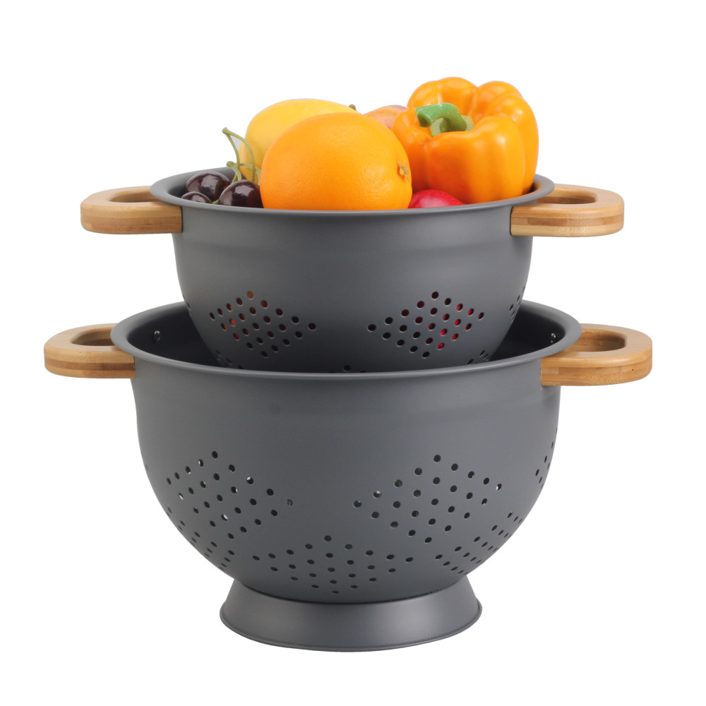 Metal Colander With Wood Handle, Set Of 3 With Bamboo Handles