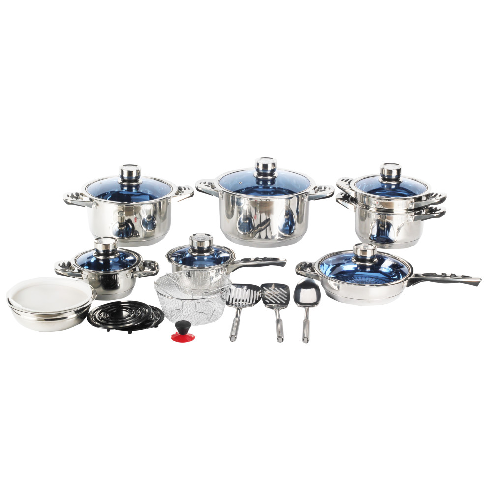 Stainless Steel Cookware Set With Blue Glass Lid — product information