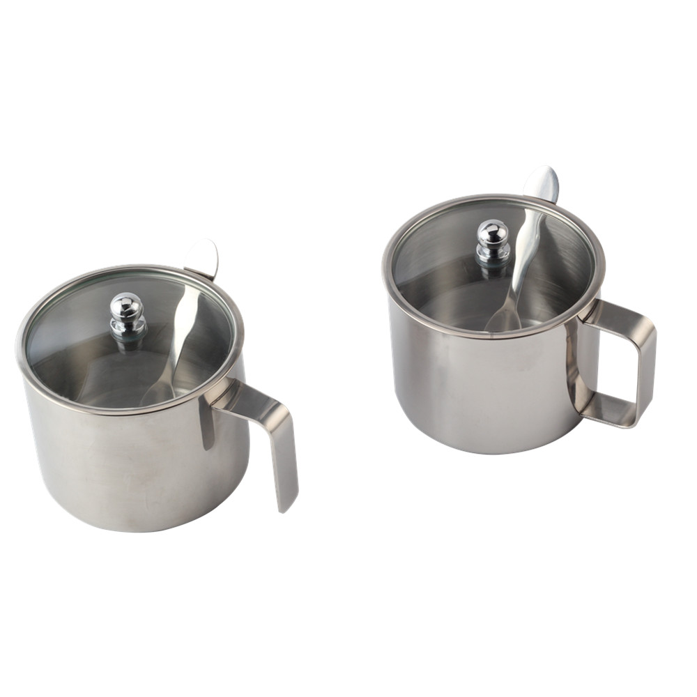 Stainless Steel Sugar Bowl Spice Pot Glass With Lid Spoon Kitchen Home — product information