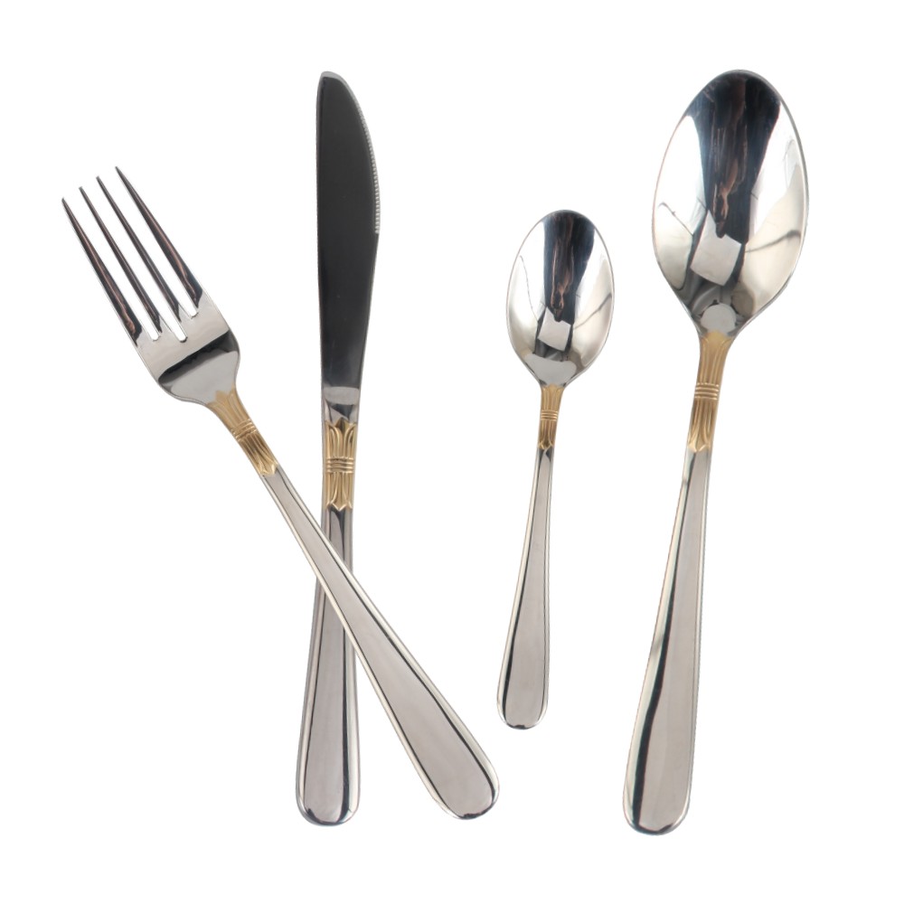 Stainless Steel Flatware Set, silver plated with gold accents