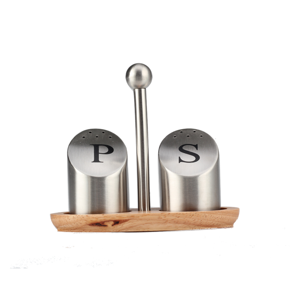 Stainless Steel Salt and Pepper Shakers Set of 2 with Wooden Stand for Home Kitchen Restaurant Table — 3