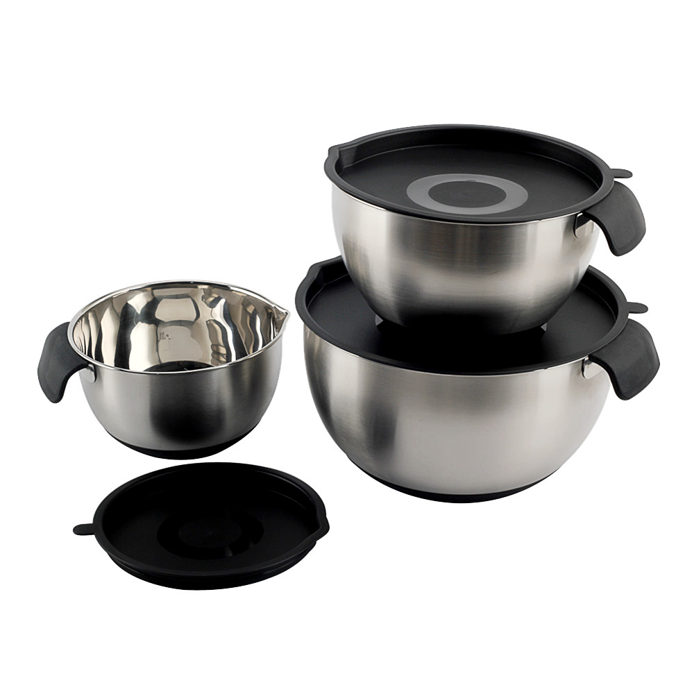 Stainless Steel Mixing Bowls With PE Lids, Non Slip Silicone Base Bowls With Handle — product information