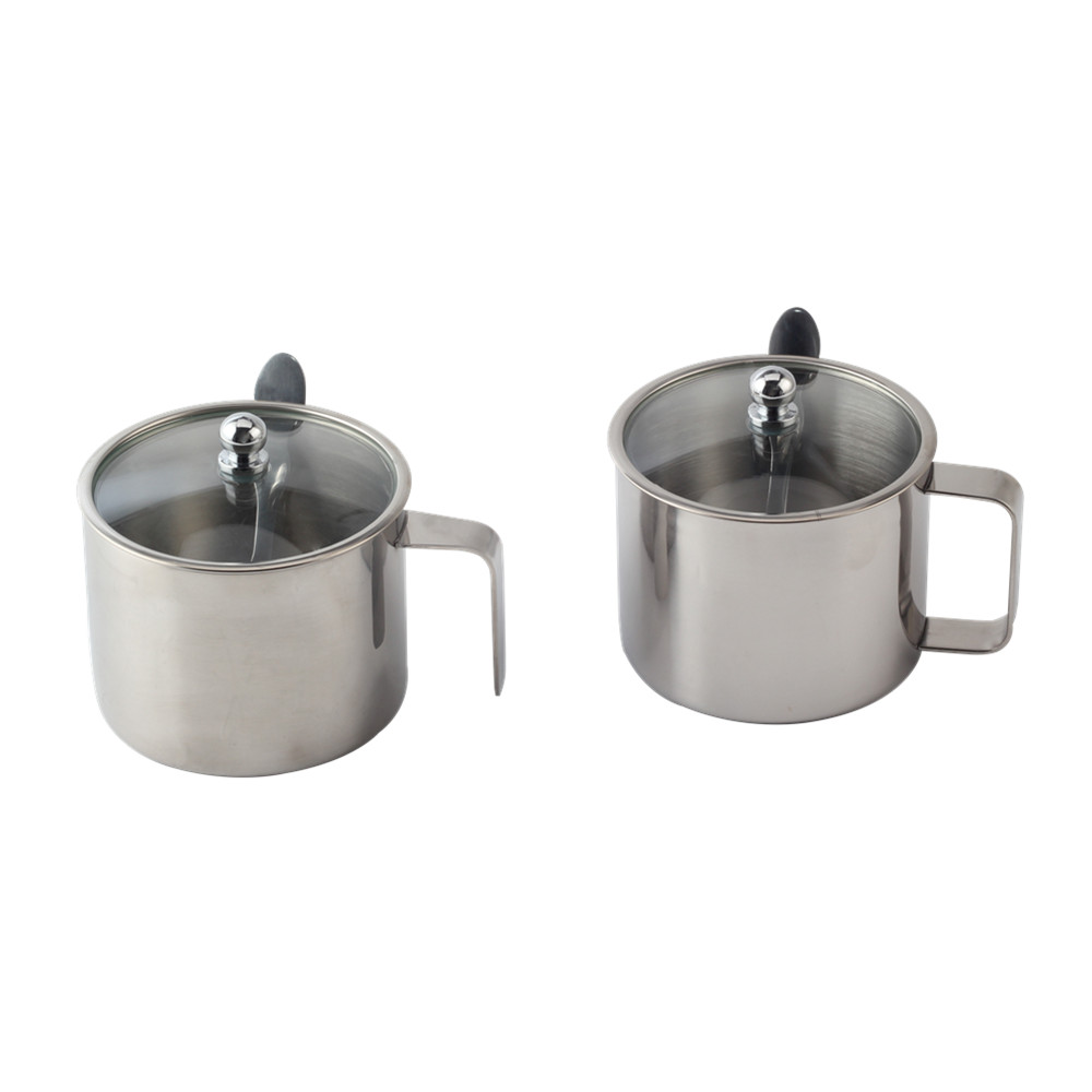 Stainless Steel Sugar Bowl Spice Pot Glass With Lid Spoon Kitchen Home — 3
