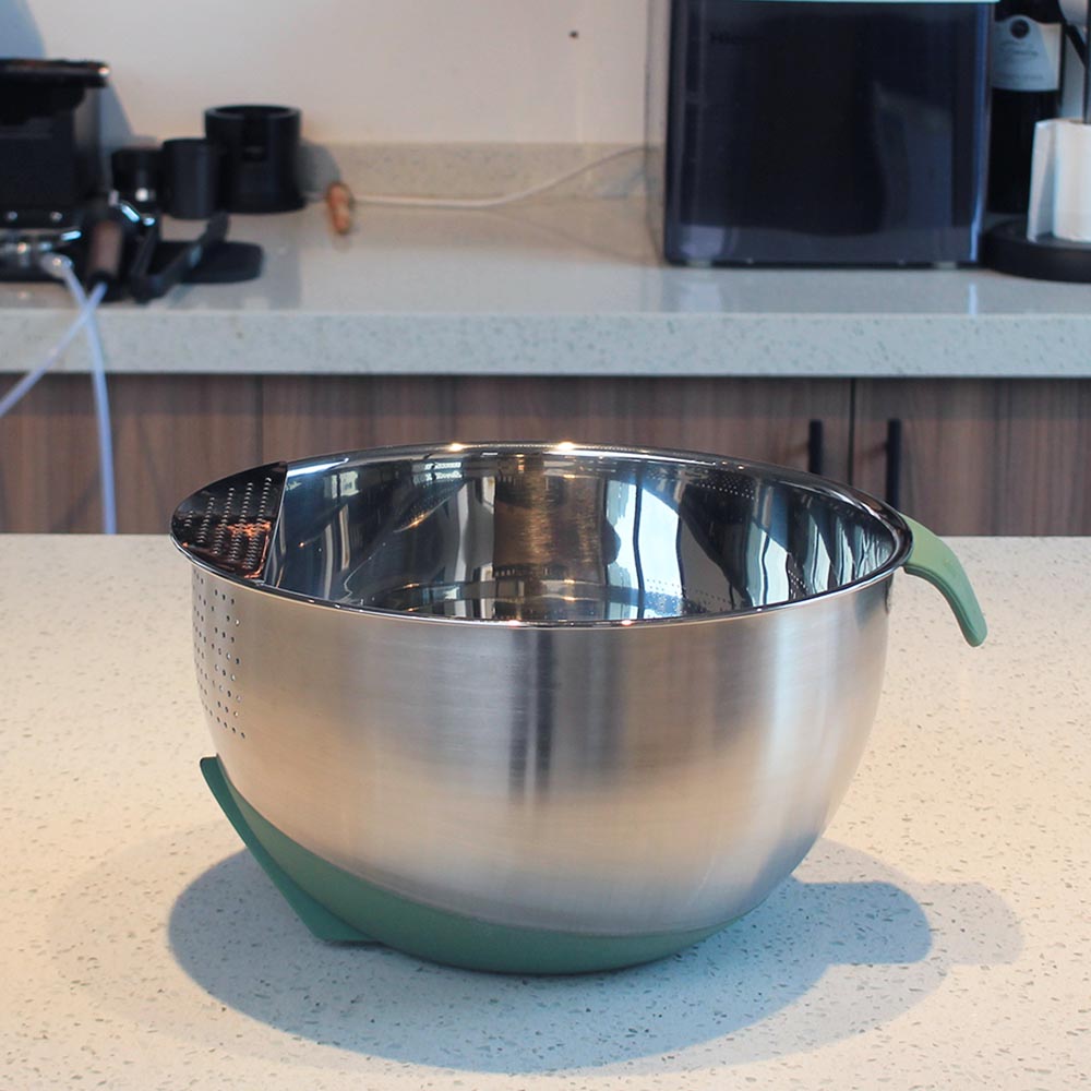 Stainless Steel Rice Washing Bowl With Silicone Base And Handle — product information
