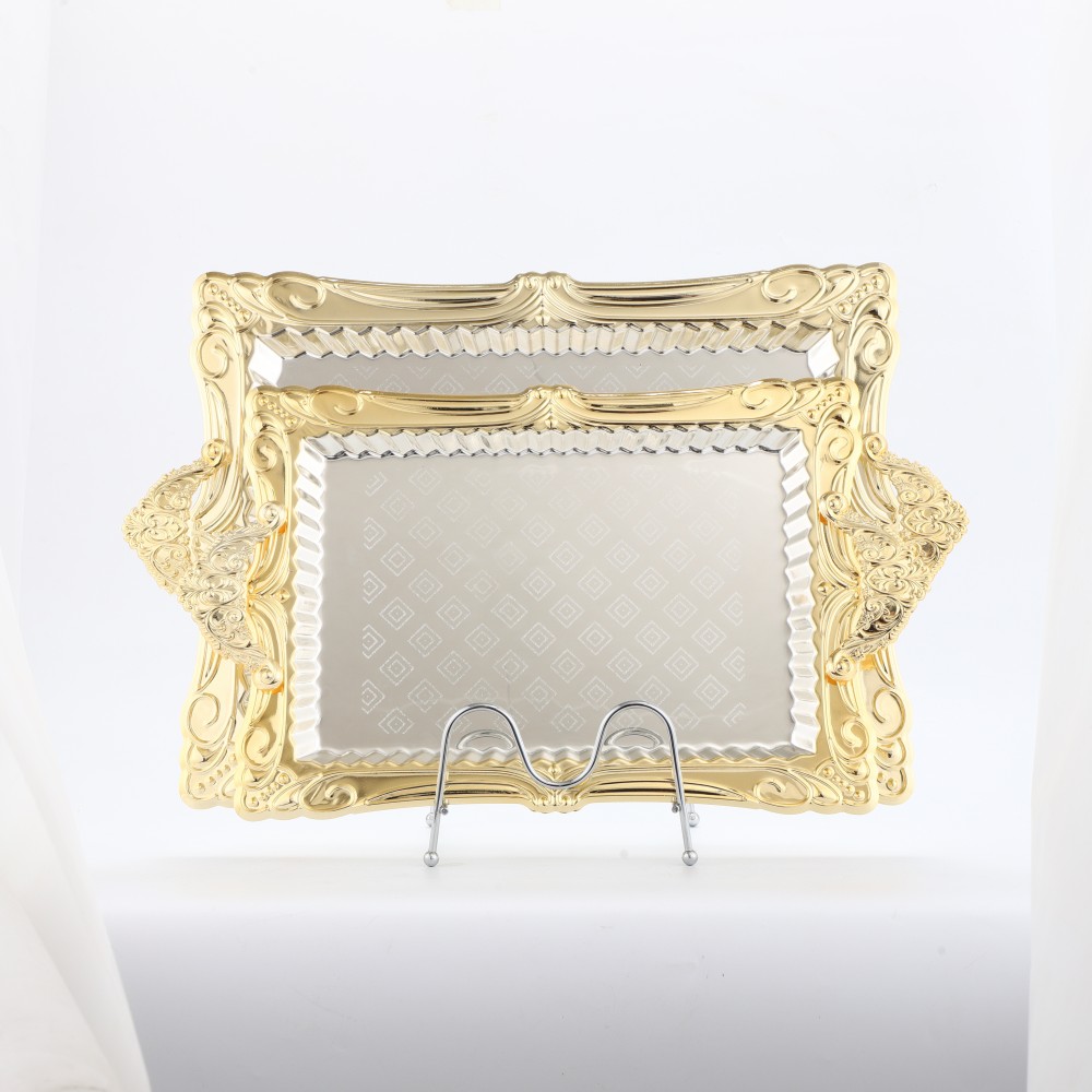 Rectangular Plated Serving Tray, Iron Gold Floral Engraved Decorative Birthday — 6