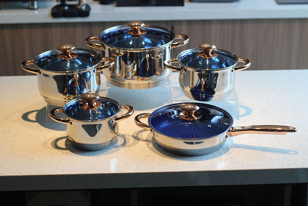 10pcs Stainless Steel Cookware Set With Blue Glass Lid — 6