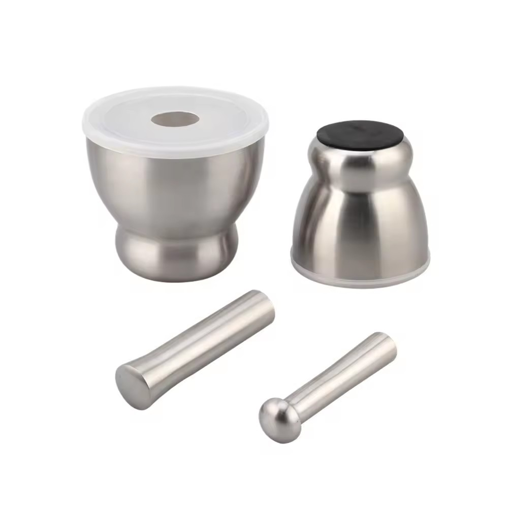 Stainless Steel Mortar and Pestle Set, Spices Grinder Pill Crusher with Silicone Protective Lid — 4