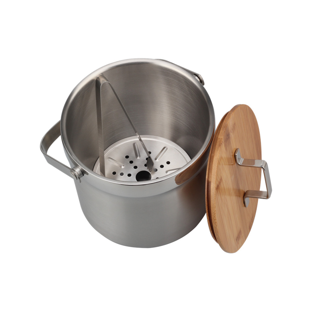 Bamboo Lid, Ice Bucket, Stainless Steel Ice Bucket, Double Walled — 6