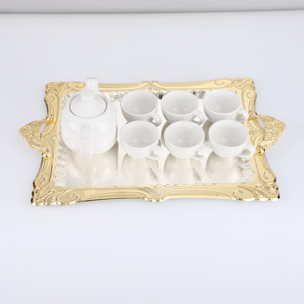 Rectangular Plated Serving Tray, Iron Gold Floral Engraved Decorative Birthday — 3