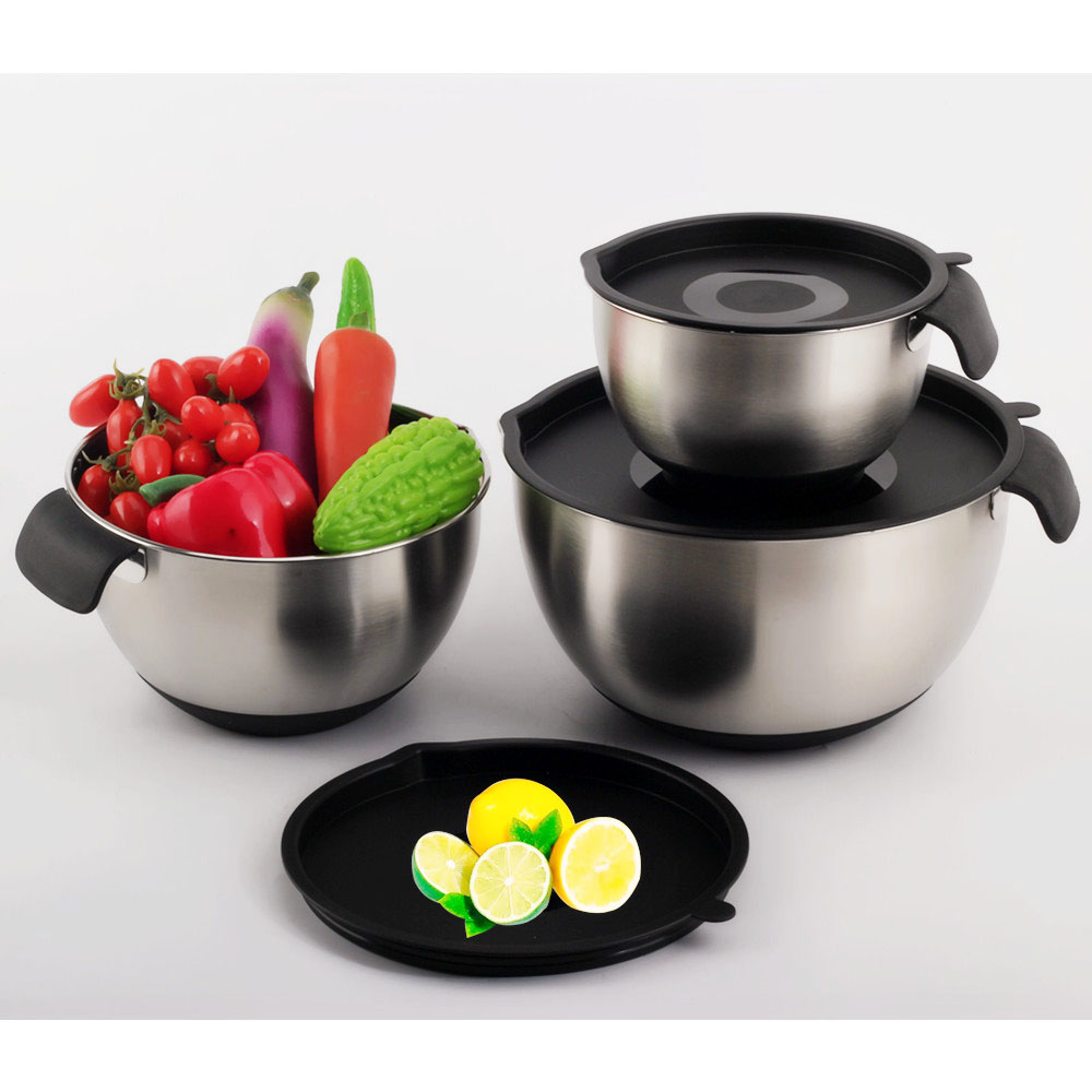Stainless Steel Mixing Bowls With PE Lids, Non Slip Silicone Base Bowls With Handle — 7
