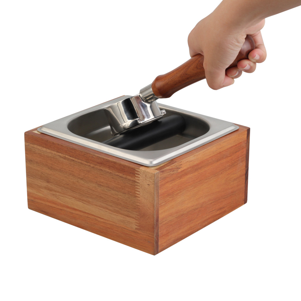 Stainless Steel And Wood Bin for Espresso Machine Coffee Grounds — product information