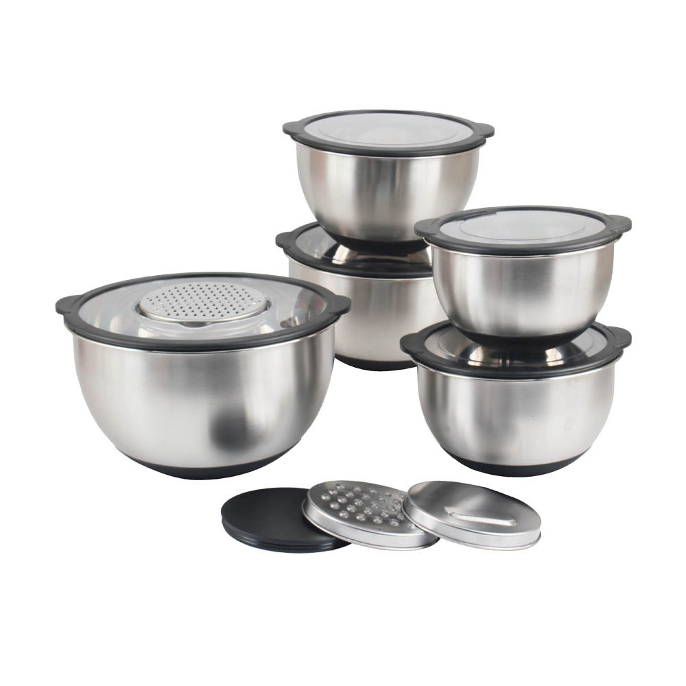 5size S/S Mixing Bowls With Transparent Lids Set & Grater — 8