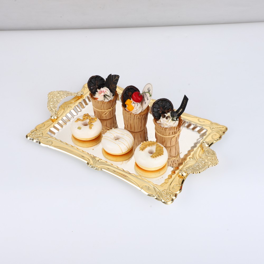 Rectangular Plated Serving Tray, Iron Gold Floral Engraved Decorative Birthday — 4
