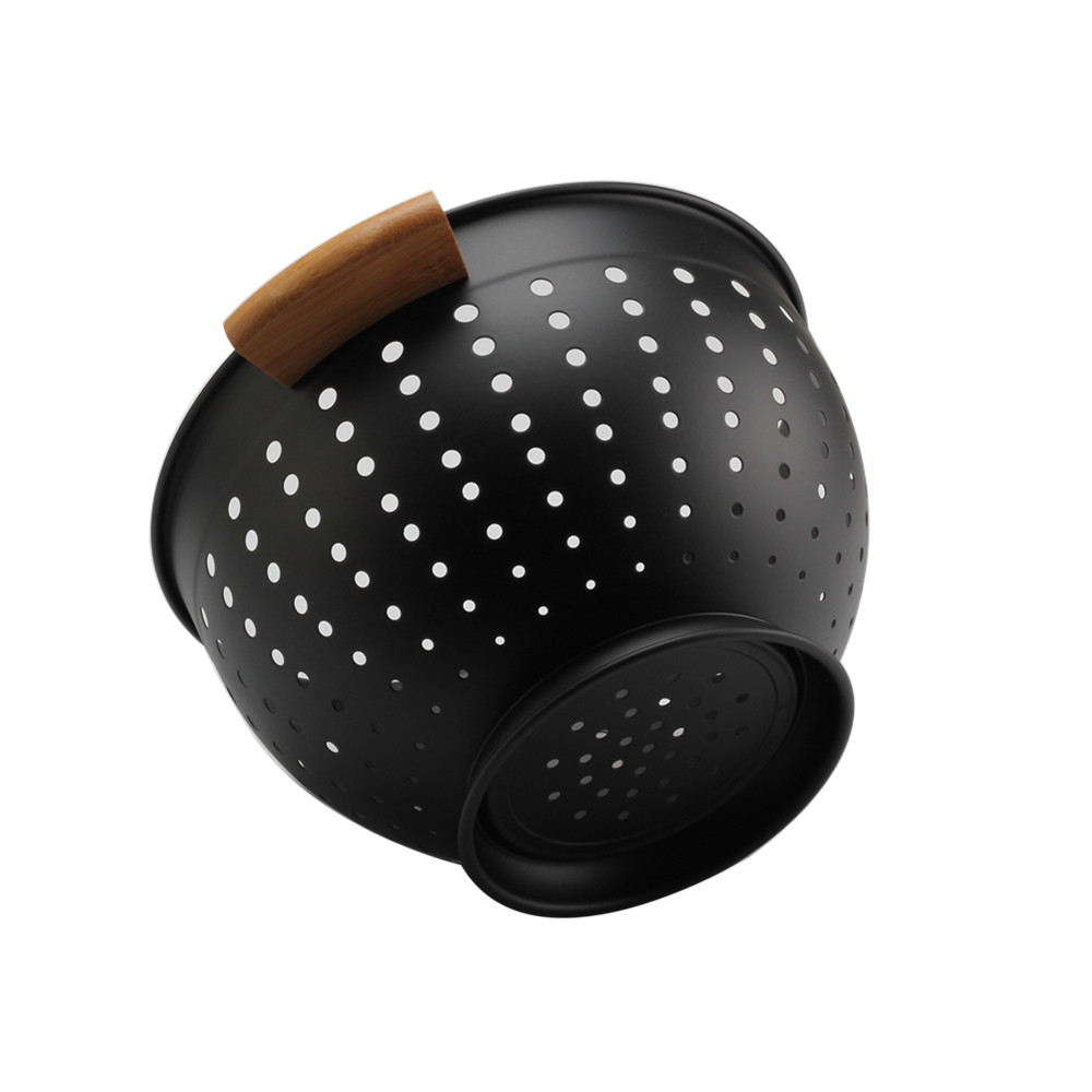 Metal Colander With Wood Handle, Black Deep Metal Strainers Colander — 5