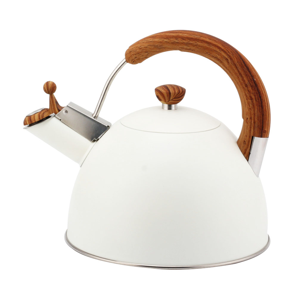 Modern S/S Whistling Kettle for Kitchen White With Wooden Handle