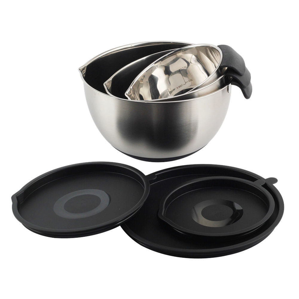 Stainless Steel Mixing Bowls With PE Lids, Non Slip Silicone Base Bowls With Handle — product information