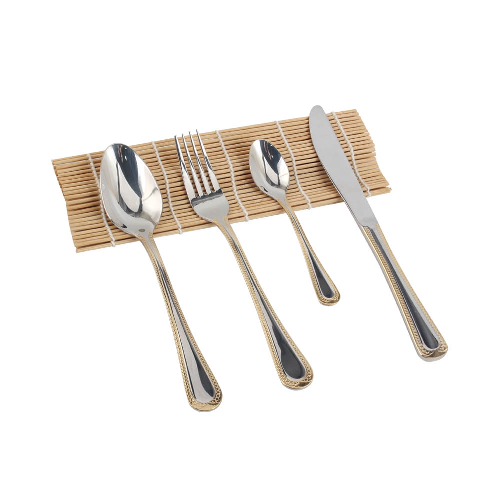 Stainless Steel Flatware Set, silver plated with gold accents — product information