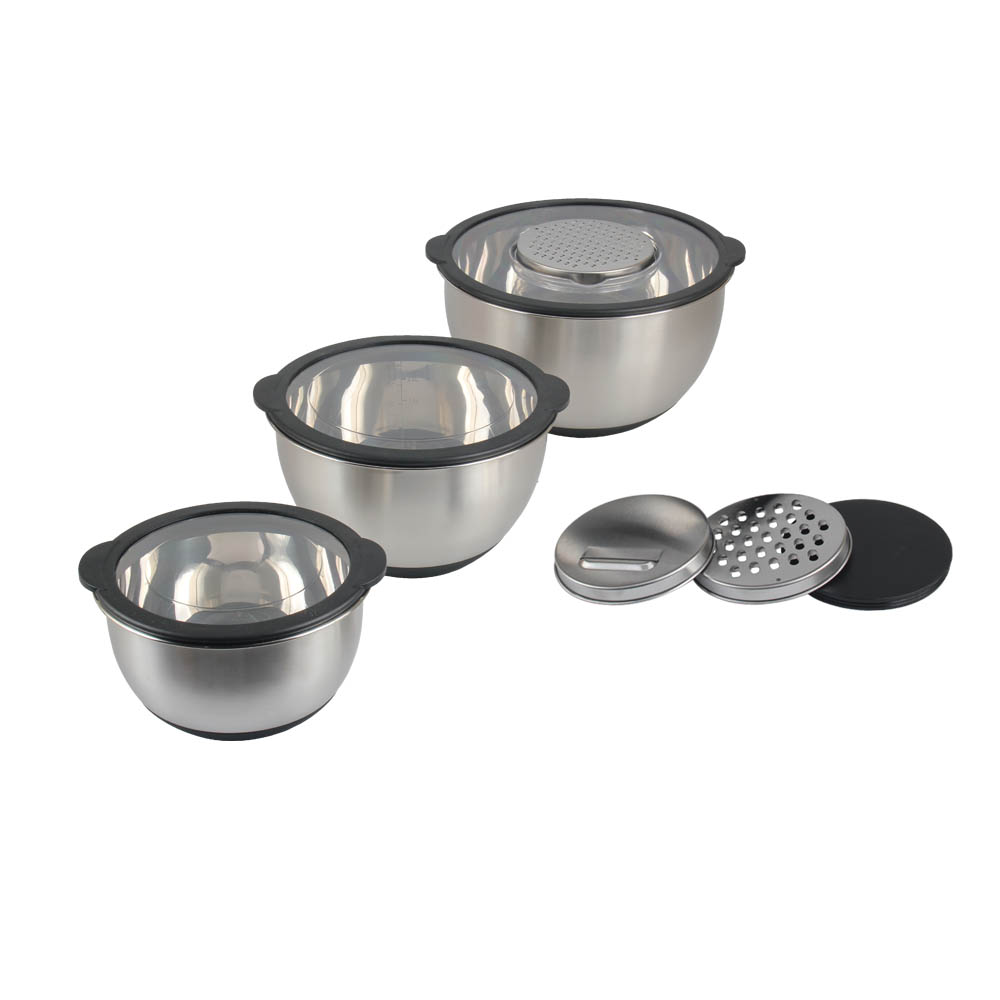 3 Size Stainless Steel Mixing Bowls With Clear Lids & 3pcs Grater Set — 3