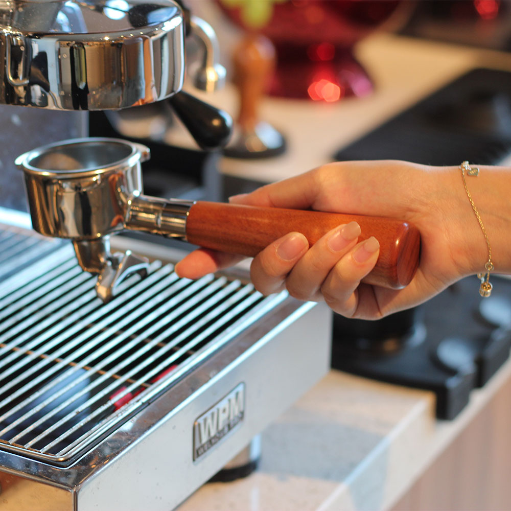 Double Spout Espresso Portafilter With Wood Handle — product information
