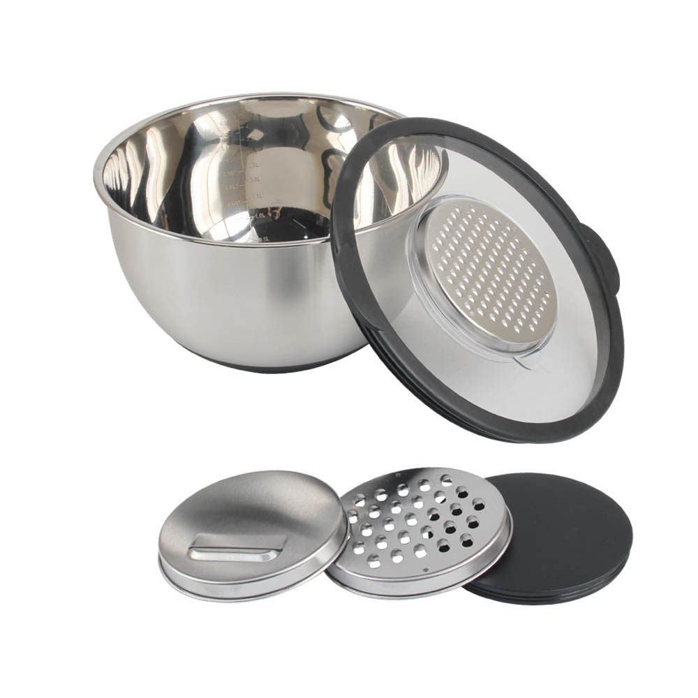 5qt Stainless Steel Mixing Bowls With Clear Lids & Grater Set — 6